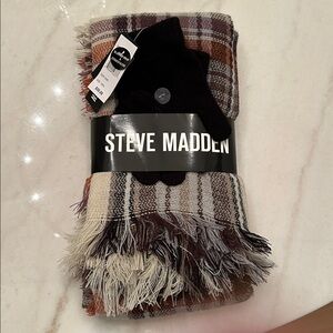 Steve Madden Brown and Cream Plaid Scarf and Gloves